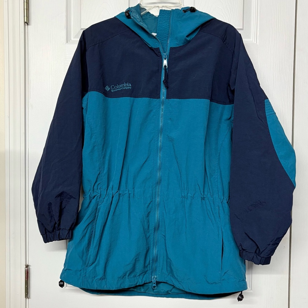 Columbia Vintage Lightweight Navy Blue and Teal Colorblock Hooded Jacket Sz S
